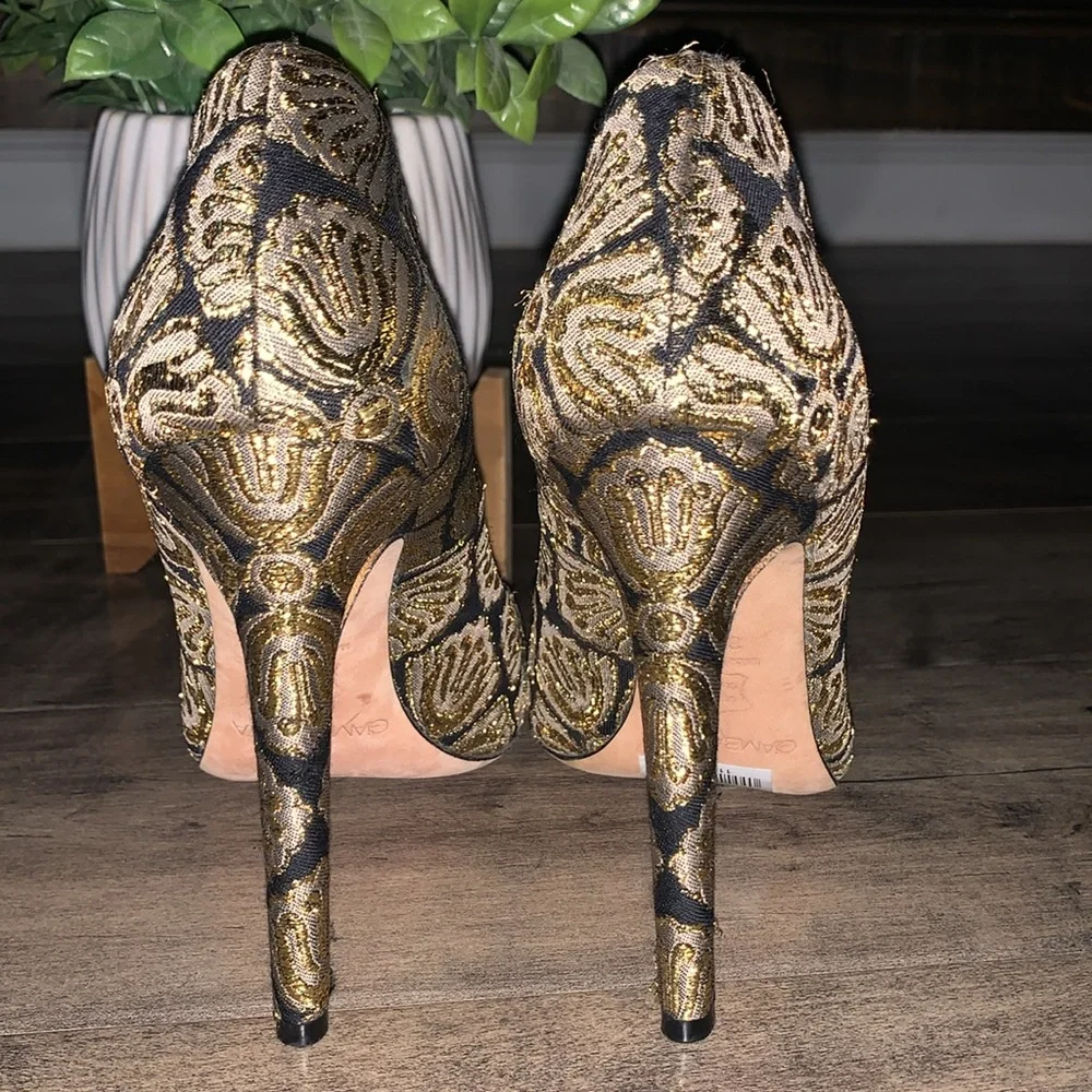 NWT GIAMBATTISTA VALLI GOLD JACQUARD FABRIC STILETTO - Picture 6 of 10